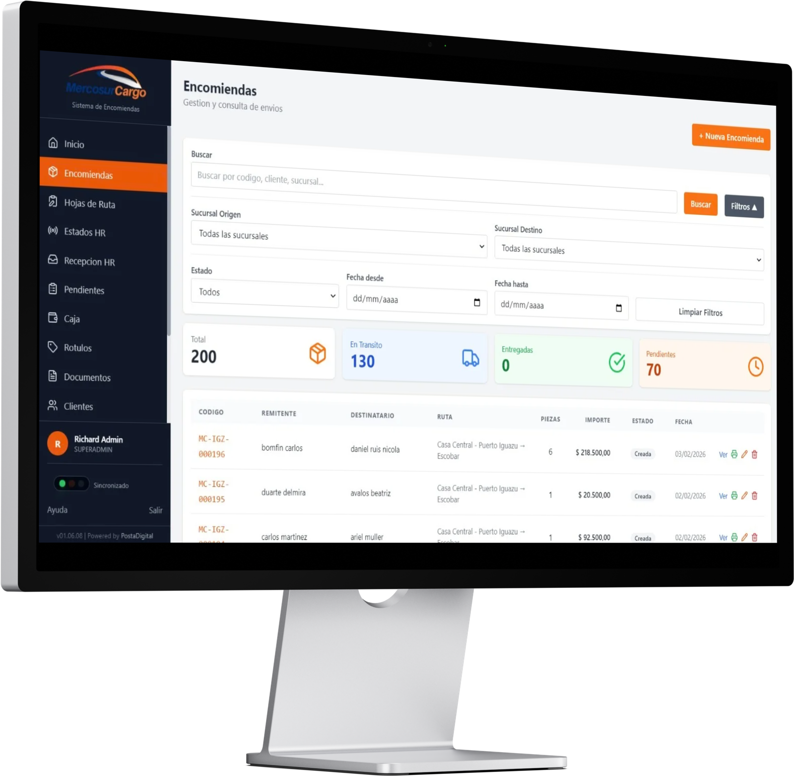 RutaBox Suite - Dashboard principal de encomiendas